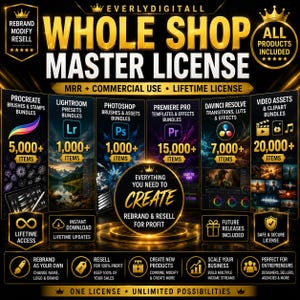 Könnte beinhalten: Eine digitale Produktwerbung für eine Shop-Master-Lizenz mit goldenem Text auf schwarzem Hintergrund. Sie listet Pakete für Procreate, Lightroom, Photoshop, Premiere Pro und DaVinci Resolve mit insgesamt über 50.000 Artikeln zum Wiederverkauf auf.