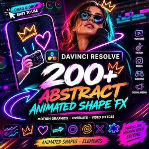 Pack d'effets DaVinci Resolve : plus de 200 superpositions de formes animées, éléments graphiques et de montage vidéo, fichiers MOV transparents pour YouTube Reels.