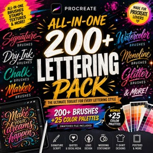 Zestaw ponad 200 pędzli do liternictwa Procreate, do liternictwa ręcznego, pisaków kredowych do kaligrafii, pędzli akwarelowych Monoline + 25 palet kolorów