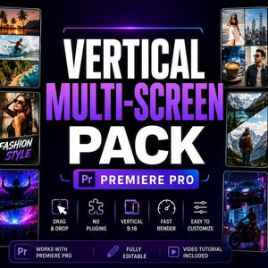 May include: A digital template pack titled VERTICAL MULTI-SCREEN PACK for Adobe Premiere Pro. The graphic features a dark background with purple text and numerous small vertical video frames displaying various scenes like travel, food, and sports.