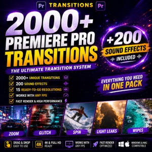 Pacchetto di transizioni per Premiere Pro 2000+ / Effetti di editing video / Zoom Glitch Camera Shake Spin Swipe Light Leaks / Effetti sonori / Trascina e rilascia