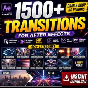 Transições para After Effects (mais de 1500) | Pacote de Transições para AE | Arrastar e Soltar | Sem Plugins | Modelos para Edição de Vídeo 4K | Motion Graphics com Arrastar e Soltar