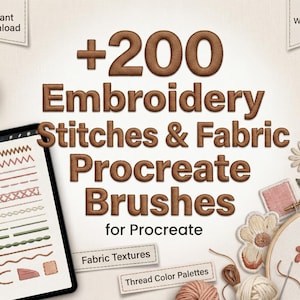 Puede incluir: Producto de arte digital para Procreate con más de 200 puntadas de bordado y pinceles de tela. La imagen muestra una tableta con ejemplos de puntadas, suministros de bordado y el texto "Embroidery Stitches & Fabric Procreate Brushes".