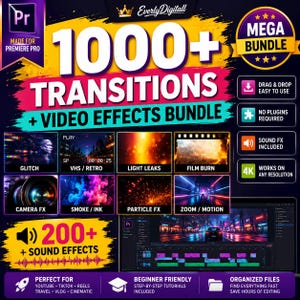 May include: A digital product bundle for Adobe Premiere Pro featuring 1000+ transitions and video effects. The graphic includes text labels for glitch, VHS, light leaks, film burn, camera FX, smoke, ink, particle FX, and zoom motion effects.