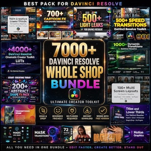 Könnte beinhalten: Eine Werbegrafik für die Software DaVinci Resolve, die ein Bundle kreativer Tools bewirbt. Das Bild zeigt verschiedene Pakete, darunter Übergänge, Lichtlecks und untere Drittel, mit Textüberlagerungen wie "7000+ DaVinci Resolve Whole Shop Bundle."