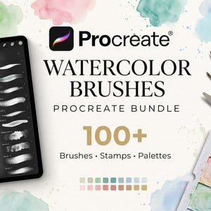 以下が含まれることがあります： iPadには、Procreateの水彩ブラシライブラリが表示されています。画像には、「Procreate WATERCOLOR BRUSHES PROCREATE BUNDLE 100+ Brushes Stamps Palettes」というテキストと、水彩ブラシ、ペイントパレット、ブラシが写っています。
