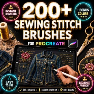 Op de afbeelding: Digitale afbeelding met "200+ Sewing Stitch Brushes for Procreate". De afbeelding toont een spijkerjasontwerp op een tablet, samen met naai-instrumenten en tekst. Inclusief badges met "Direct downloaden", "Bonuskleuren", "Gemakkelijk te gebruiken" en "Beginner vriendelijk".