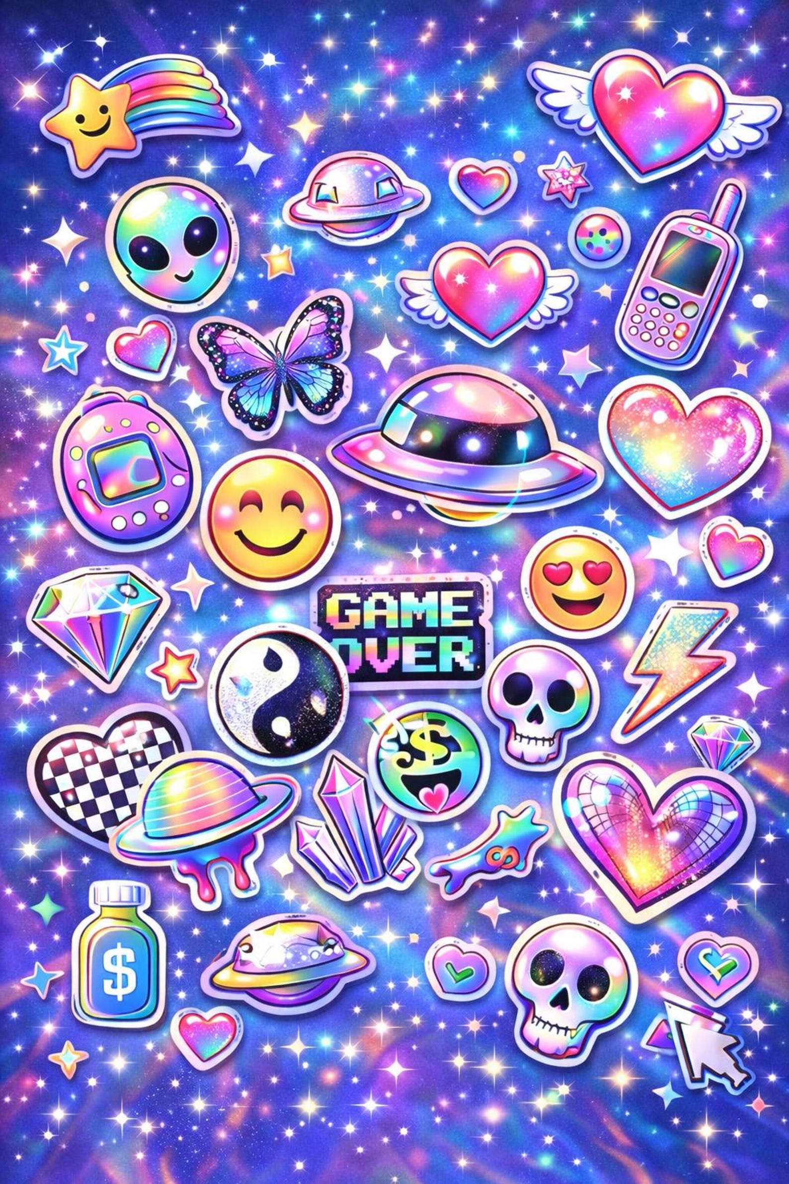 Y2K Holographic Clipart Bundle +100 PNG & Vector | Retro 2000s Gradient ...