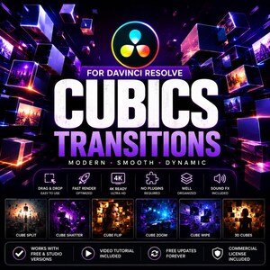 May include: A digital graphic for DaVinci Resolve Cubics Transitions featuring a central logo, bold white text, and a background of floating purple and blue cubes. The layout includes feature icons, six preview thumbnails, and text details.