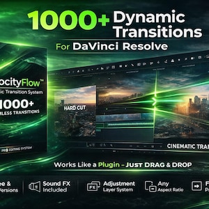 Op de afbeelding: Een promotieafbeelding voor VelocityFlow, een dynamisch overgangssysteem voor DaVinci Resolve. De afbeelding toont een productdoos met de tekst "1000+ Seamless Transitions" en een scherm met videobewerking met groene lichteffecten. Tekst bevat "Werkt als een plugin - JUST DRAG & DROP."