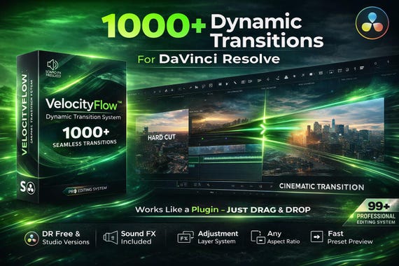 DaVinci Resolve Transitions Pack – 1000+ Seamless Video Dynamic , Drag & Drop Presets, Seamless Cinematic Effects for DR Free and Studio,