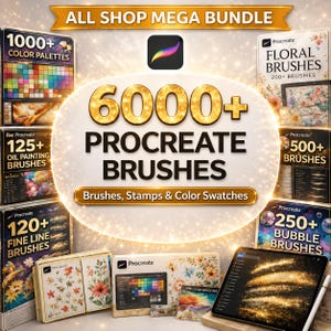 May include: A digital product bundle for Procreate featuring 6000+ brushes, stamps, and color swatches. The display includes various labeled sets such as 1000+ color palettes, 200+ floral brushes, 125+ oil painting brushes, 500+ brushes, 120+ fine line brushes, and 250+ bubble brushes, with a tablet showing a golden glitter effect.