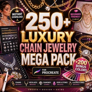 Può includere: Un pacchetto di arte digitale per Procreate con oltre 250 pennelli per gioielli a catena di lusso, timbri di diamanti e colori bonus. L'immagine include il testo "Luxury Chain Jewelry Mega Pack" e "Instant Download".