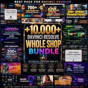 May include: A digital product advertisement for a DaVinci Resolve whole shop bundle featuring over 10,000 assets including cartoon FX, light leaks, speed transitions, cinematic LUTs, abstract shape FX, multi-screen layouts, and motion graphics.