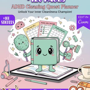 May include: A digital planner with the text "2026 ADHD Cleaning Planner +120 Pages." The planner features a cartoon book character holding cleaning tools. The image includes checklists, stickers, and the words "Instant Download, Editable + Printable, Checklists + Notes."