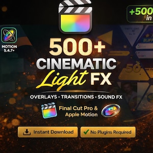 Può includere: Grafica promozionale per "500+ Cinematic Light FX" per Final Cut Pro e Apple Motion. L'immagine presenta una clapperboard con una sfumatura arcobaleno, testo e icone. Include overlay, transizioni ed effetti sonori. Download immediato, nessun plugin richiesto.