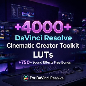 May include: A dark, professional-looking workspace with multiple computer monitors displaying video editing software. The image features the text "+4000+ DaVinci Resolve Cinematic Creator Toolkit LUTS" and "+750+ Sound Effects Free Bonus."