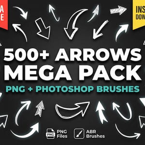Puede incluir: Un fondo negro con numerosas flechas blancas de diferentes diseños. El texto dice "500+ ARROWS MEGA PACK PNG + PHOTOSHOP BRUSHES". Incluye etiquetas "MEGA VALUE" e "INSTANT DOWNLOAD".