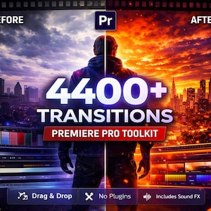 Può includere: Opera d'arte digitale che promuove un Premiere Pro Toolkit con oltre 4400 transizioni. L'immagine presenta una persona in piedi di fronte a un paesaggio urbano diviso tra un effetto prima e dopo. Il testo include "4400+ Transitions" e "Premiere Pro Toolkit".