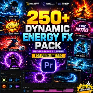 250+ Dynamic Energy FX-paket för Premiere Pro, Cartoon Motion Graphics MOGRT, Elements, Lightning Explosion, Videoeffekter MOGRT-paket