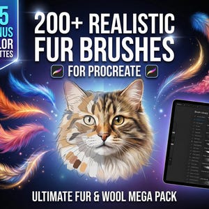 May include: A digital art resource featuring 200+ realistic fur brushes for Procreate, including 5 bonus color palettes. The graphic displays a cat face, colorful fur strokes, and a tablet screen showing a brush library menu on a dark background.