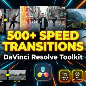 Puede incluir: Imagen promocional para un DaVinci Resolve Toolkit, con el texto "500+ SPEED TRANSITIONS". La imagen incluye ejemplos de transiciones de vídeo, un logotipo e iconos para arrastrar y soltar, sin plugins y resultados instantáneos.