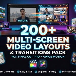 Puede incluir: Imagen promocional para un paquete de edición de vídeo. La imagen presenta una pantalla grande que muestra un vídeo con comparaciones de "ANTES" y "DESPUÉS". El texto dice "200+ MULTI-SCREEN VIDEO LAYOUTS & TRANSITIONS PACK". Incluye logotipos de Final Cut Pro y Apple Motion.
