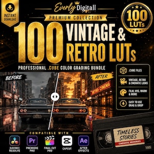 Vintage Film LUTs Bundle | 100 Retro Color Grading .CUBE Files Cinematic LUTs Bundle for Premiere Pro, DaVinci Resolve, Final Cut Pro CapCut