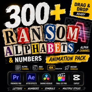 Può includere: Un pacchetto di animazione digitale intitolato 300+ RANSOM ALPHABETS & NUMBERS con lettere e numeri in stile ritaglio. Include risoluzione 4K, canale alfa e compatibilità formato .MOV per software come Premiere Pro, After Effects e CapCut.
