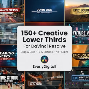 Puede incluir: Imagen promocional de gráficos de tercio inferior para DaVinci Resolve. La imagen presenta superposiciones de texto con frases como "Breaking News" y "Epic Journeys". El gráfico central dice "150+ Creative Lower Thirds".