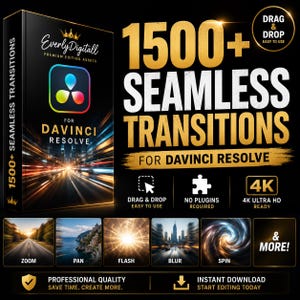 May include: A digital product package for DaVinci Resolve featuring 1500+ seamless transitions. The black box displays the EverlyDigitall logo, a colorful icon, and a city light trail. Text includes Drag & Drop, No Plugins Required, and 4K Ultra HD Ready.
