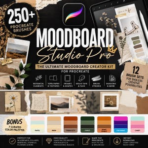 May include: A digital product advertisement for Moodboard Studio Pro, a Procreate brush kit featuring 250+ brushes, 12 brush sets, and 7 color palettes. The graphic displays botanical elements, torn paper textures, frames, washi tape, and shadow overlays.