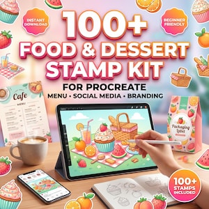 Puede incluir: Un kit de sellos digitales para Procreate con más de 100 sellos de comida y postres. La imagen incluye una tableta que muestra una escena de picnic, una taza de café, un teléfono inteligente y un cuaderno con bocetos de sellos. Texto: "Food & Dessert Stamp Kit".