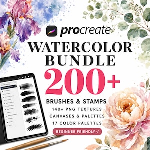 May include: A digital product bundle for Procreate featuring watercolor brushes and stamps. The text reads Procreate Watercolor Bundle 200+ Brushes & Stamps, 140+ PNG Textures, Canvases & Palettes, 17 Color Palettes. Includes a tablet and two brushes.