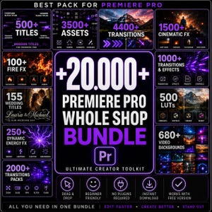 Peut inclure: Une publicité pour un pack Premiere Pro contenant plus de 20 000 ressources, incluant des titres, transitions, effets cinématographiques, LUTs et arrière-plans vidéo, présentée dans une grille violet foncé et noire avec du texte blanc.
