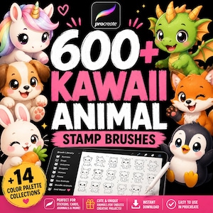 Puede incluir: Un conjunto de productos digitales con más de 600 pinceles de sello de animales Kawaii para Procreate. El gráfico muestra un unicornio, un cachorro, un conejo, un dragón, un zorro y un pingüino, con una tableta que muestra vistas previas de pinceles y una insignia amarilla que indica +14 colecciones de paletas de colores.