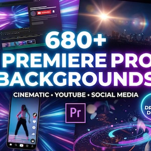 May include: A promotional image for Premiere Pro backgrounds. The image features the text "680+ Premiere Pro Backgrounds" with the Adobe Premiere Pro logo. The image also includes a smartphone displaying a video, a YouTube interface, and abstract graphics.