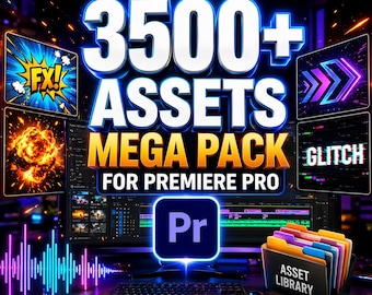 Adobe Premiere Pro Assets Bundle 3500+ | Transitions Sound FX Cartoon Effects Text Animations Glitch RGB | Premier Pro Creator Mega Pack
