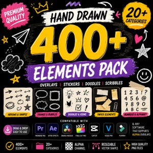 Puede incluir: Una colección de recursos de diseño titulada Hand Drawn 400+ Elements Pack, con texto amarillo sobre fondo negro. Incluye superposiciones, pegatinas, garabatos y bocetos, con categorías como flechas, marcos, iconos, elementos de papel y letras.