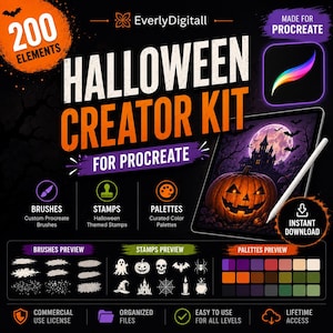 Halloween Procreate Brushes | 200+ Halloween Stamps & Color Palettes | Procreate Halloween Creator Kit | Ghost Pumpkin Witch Brushes