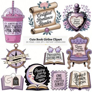 May include: A collection of whimsical illustrations featuring book-themed elements. Includes a pink drink, a scroll with text, a heart-shaped perfume bottle, a compass, a chair, a book with glasses, a moon, a stamp, and a book with text.
