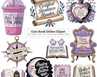 Süße Buch Girlies 2 Clipart Bundle | Bücherwurm Ästhetische Digitale Aufkleber | Romantasy Leseratte | Süßer Buchliebhaber PNG Pack Download