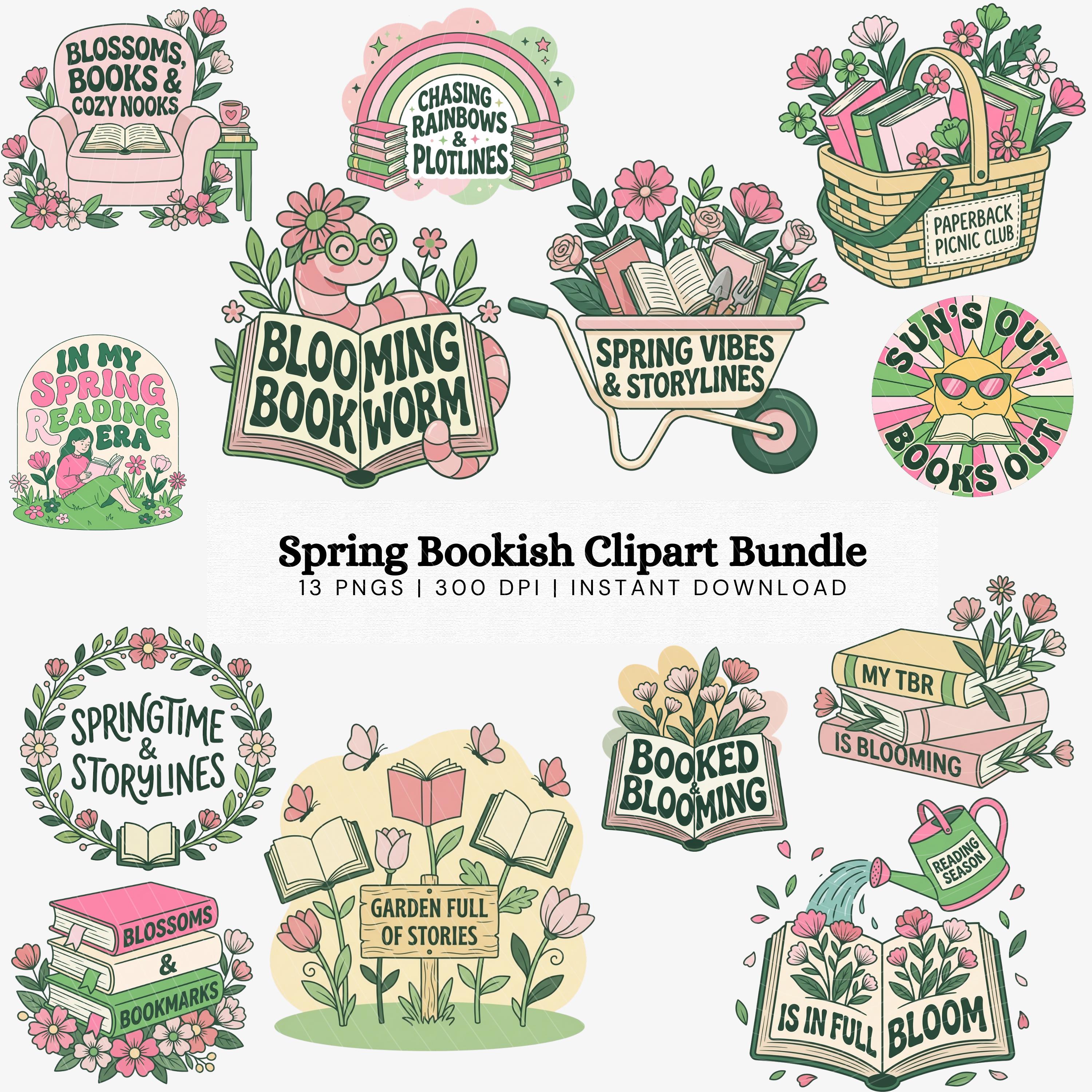 Spring Bookish Clipart Bundle, Floral Reader Graphics (digital Download ...