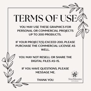 May include: A cream-coloured graphic with the text "TERMS OF USE" and usage guidelines for personal or commercial projects. The image includes floral corner decorations and the "Starblooms STUDIO" logo.
