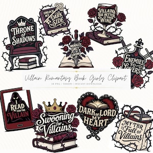 Può includere: Una collezione di clipart digitali a tema gotico romantico. I disegni includono libri, rose, spade e frasi come "Throne of Shadows", "Unlock My Dark Side" e "Enemies to Lovers". La tavolozza dei colori è principalmente bordeaux, nero e bianco.
