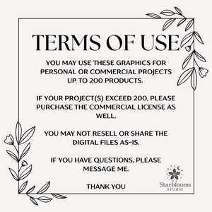 May include: A cream-colored graphic with the text "TERMS OF USE" and usage guidelines for personal or commercial projects. The image includes floral corner decorations and the Starblooms Studio logo.