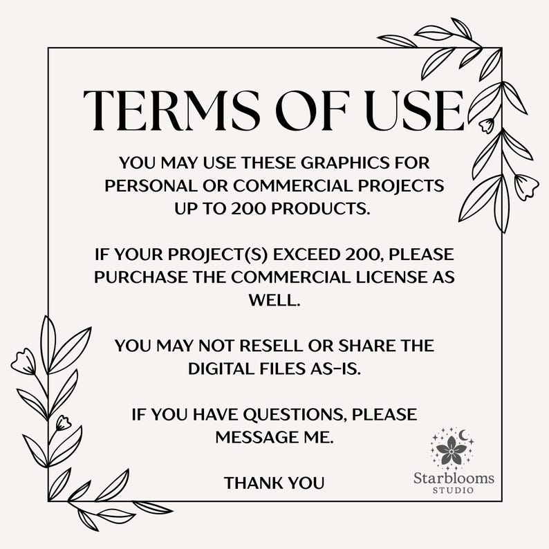 May include: A cream-colored graphic with the text "TERMS OF USE" and usage guidelines for personal or commercial projects. The image includes floral corner decorations and the Starblooms Studio logo.
