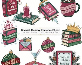 Bookish Holiday Romance Clipart | Christmas Book Lover PNG Bundle | Cozy Reader Stickers