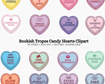 Conjunto de 16 imagens de corações de doces com temática literária, incluindo PNGs de romance para o Dia dos Namorados, imagens inspiradas em livros, corações de conversa e arte para leitores.