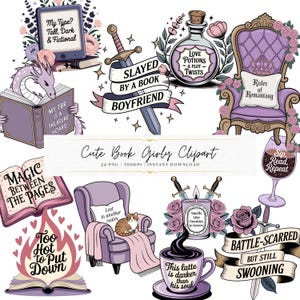 Puede incluir: Colección de ilustraciones de imágenes prediseñadas con temática de libros. Incluye un dragón leyendo un libro, una espada con una pancarta que dice "Slayed by a Book Boyfriend", una botella de poción, un trono, una taza de café y una copa de vino. Con texto.